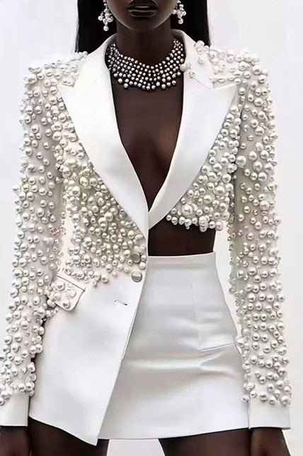 Olwa Asymmetrical Pearl Embellished Blazer & Skirt set