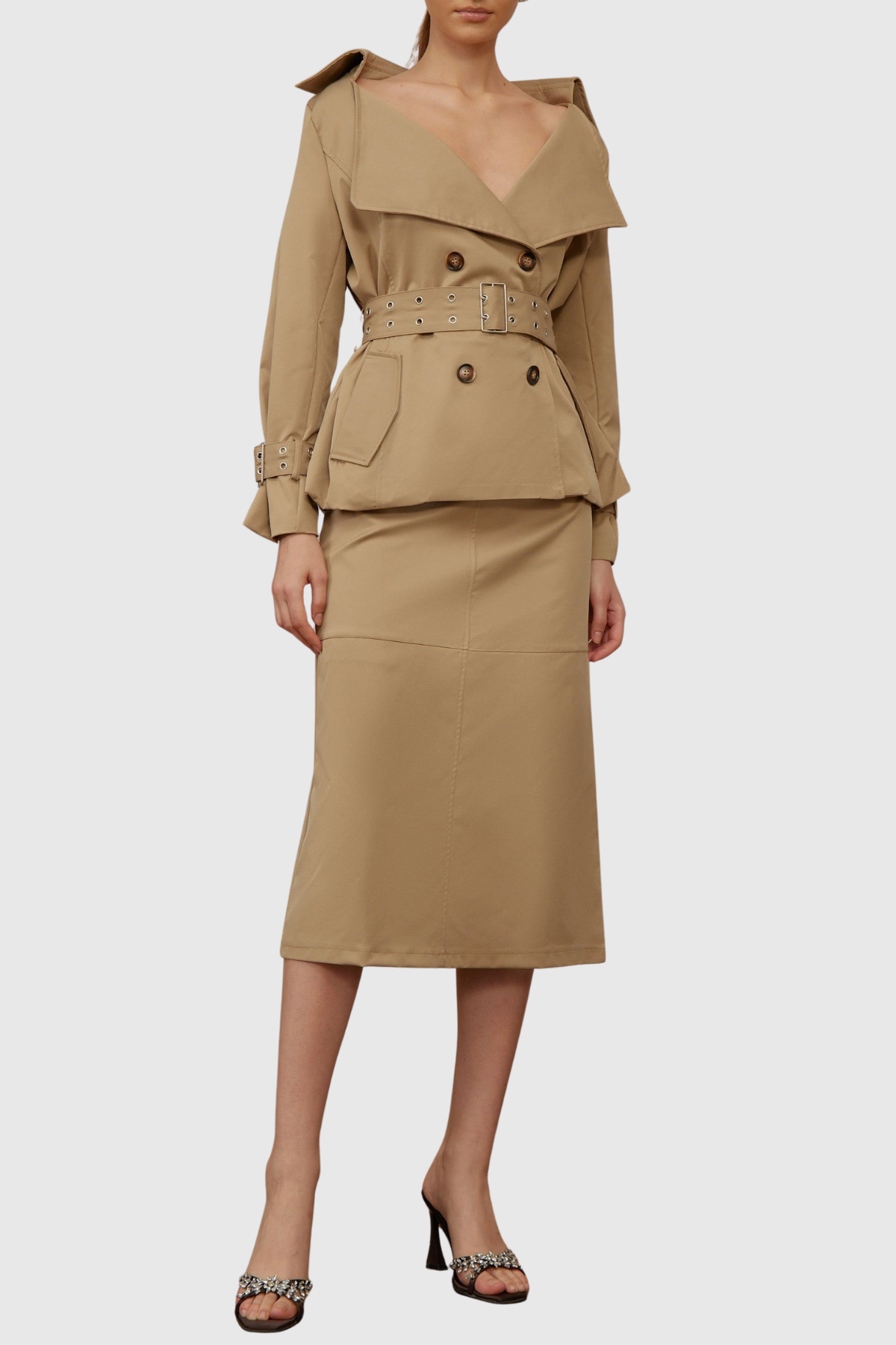 Osorio Off Shoulder Double-Breasted Trench Coat
