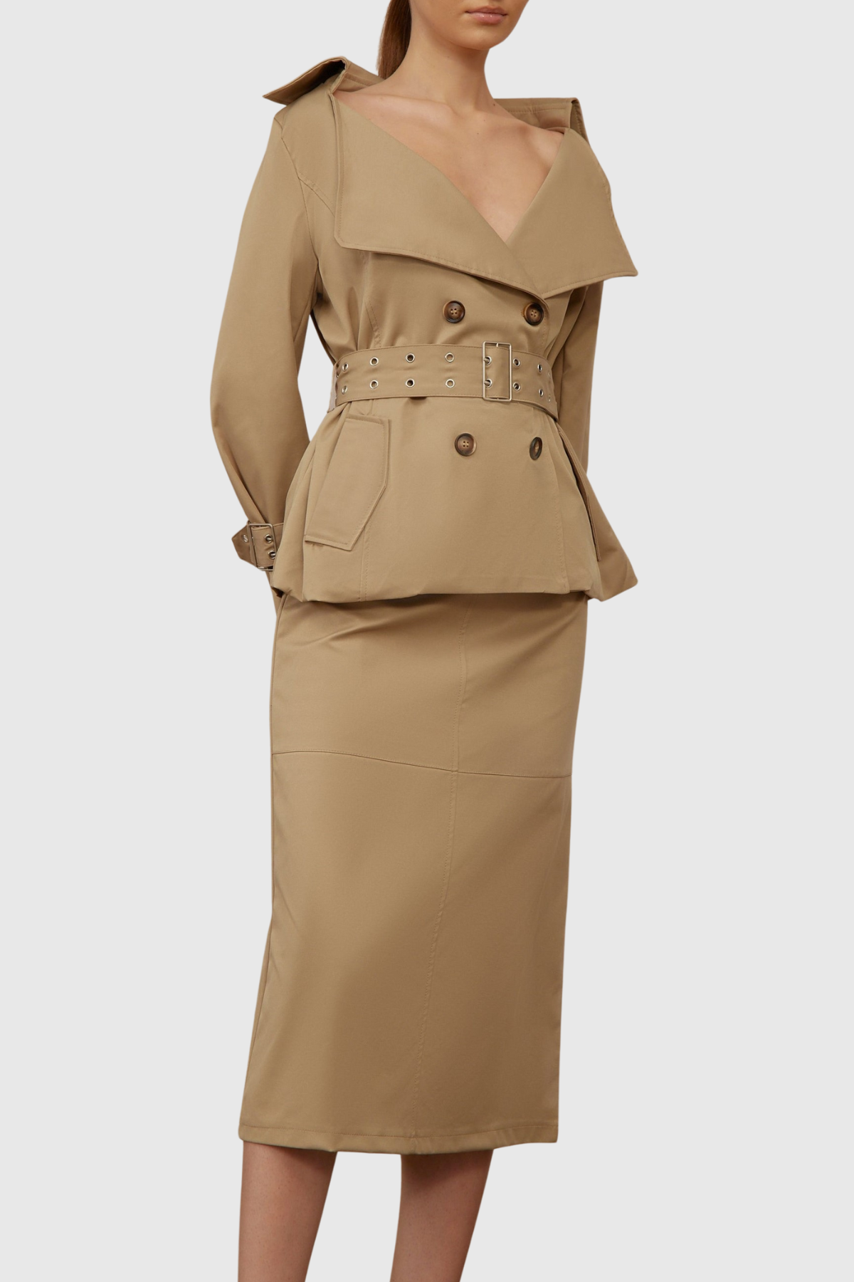 Osorio Off Shoulder Double-Breasted Trench Coat