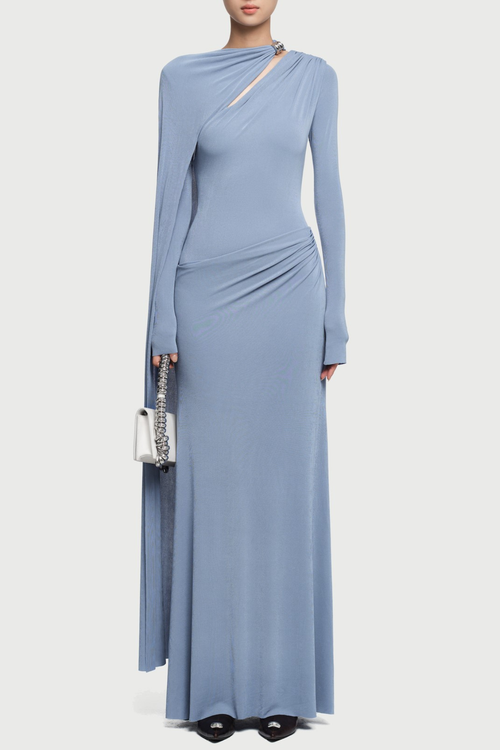 Ozzie Asymmetrical Cape-sleeve Cutout Maxi Dress - Blue