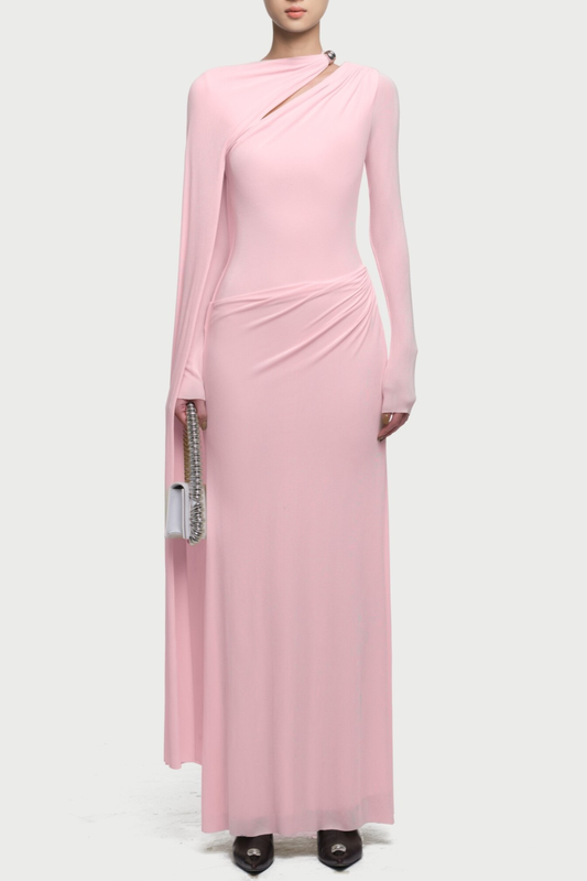 Ozzie Asymmetrical Cape-sleeve Cutout Maxi Dress - Pink
