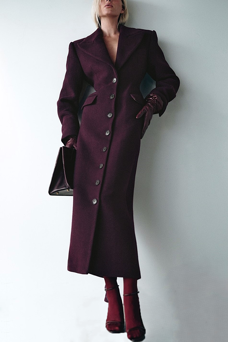 Rikana Lapel Wool Cinched Coat - Wine