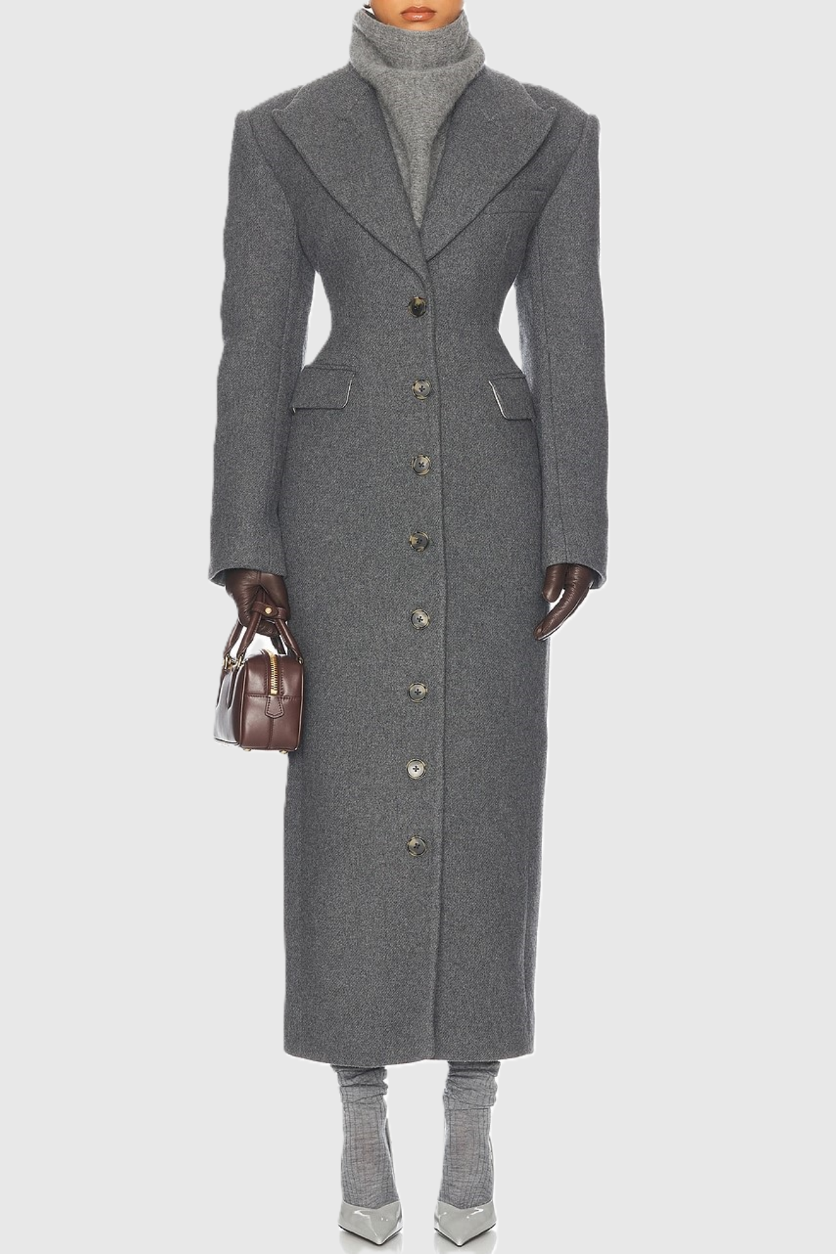 Rikana Lapel Wool Cinched Coat - Grey