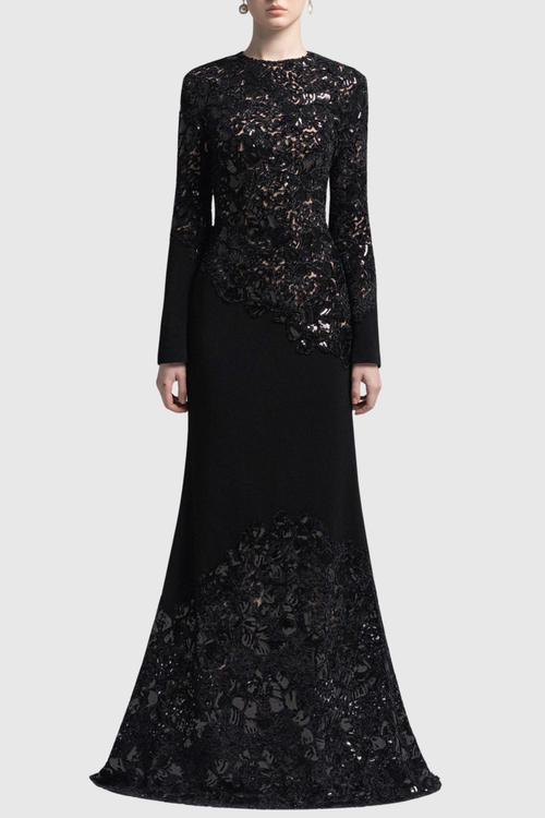 Safra Lace Sequin Satin Maxi Dress - Black