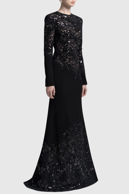 Safra Lace Sequin Satin Maxi Dress - Black