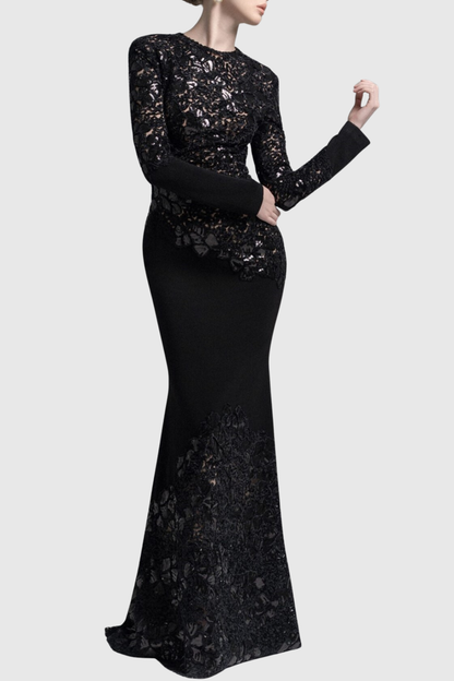 Safra Lace Sequin Satin Maxi Dress - Black