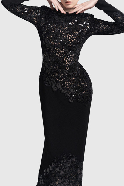 Safra Lace Sequin Satin Maxi Dress - Black