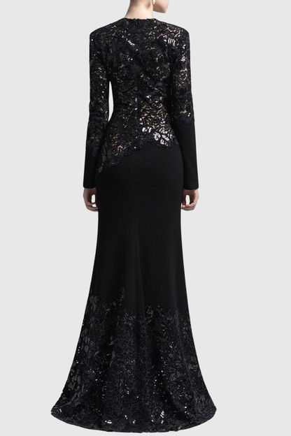 Safra Lace Sequin Satin Maxi Dress - Black