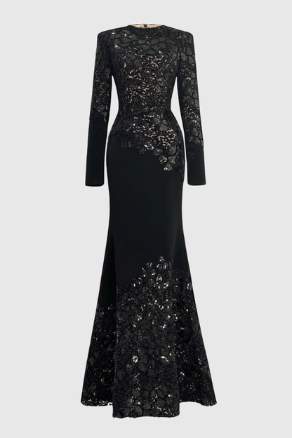 Safra Lace Sequin Satin Maxi Dress - Black