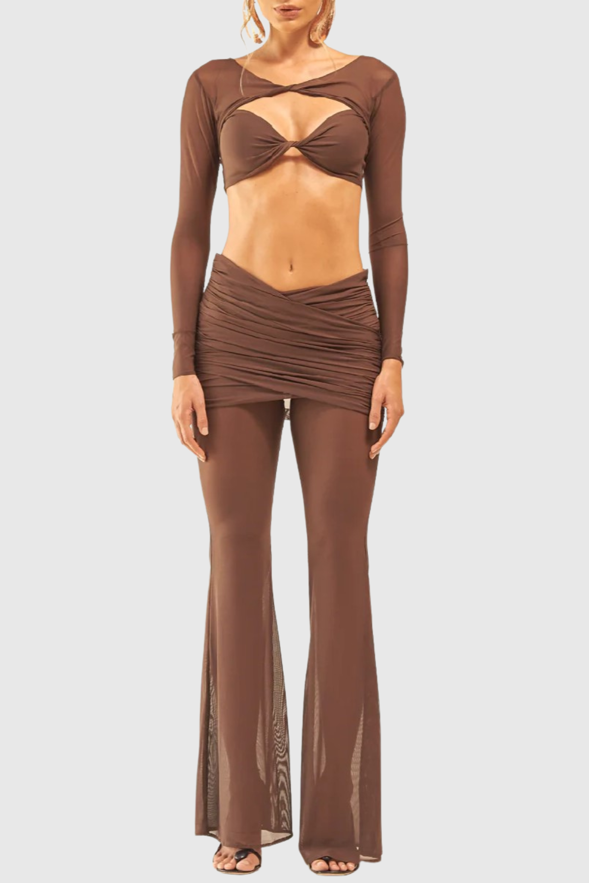 Selka Twisted Mesh Pants Set -  Brown