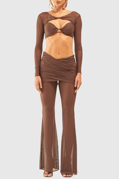 Selka Twisted Mesh Pants Set -  Brown