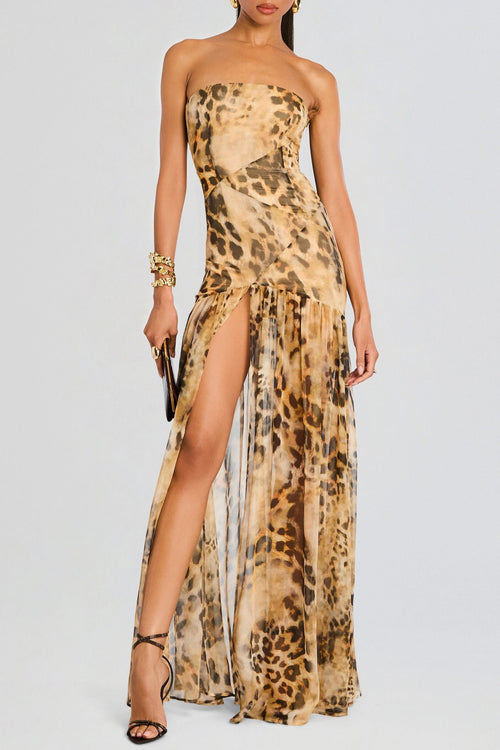 Shmaka Leopard Print Strapless Slit Maxi Dress