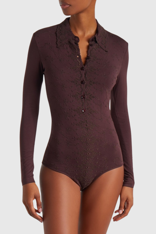 Simra Embroidered Bodysuit - Brown