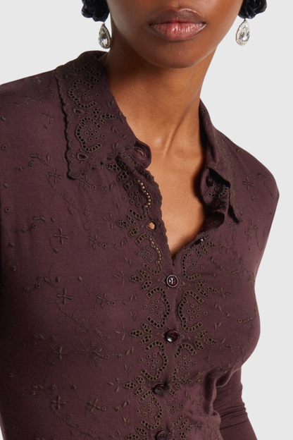 Simra Embroidered Bodysuit - Brown