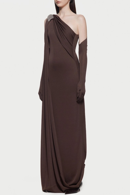 Tobala One Shoulder Asymmetrical Draped Maxi Dress - Brown
