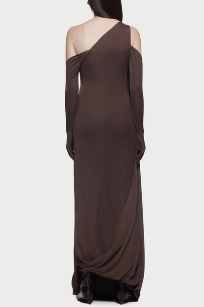 Tobala One Shoulder Asymmetrical Draped Maxi Dress - Brown