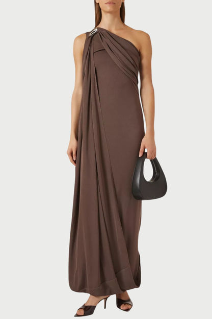 Tobala One Shoulder Asymmetrical Draped Maxi Dress - Brown