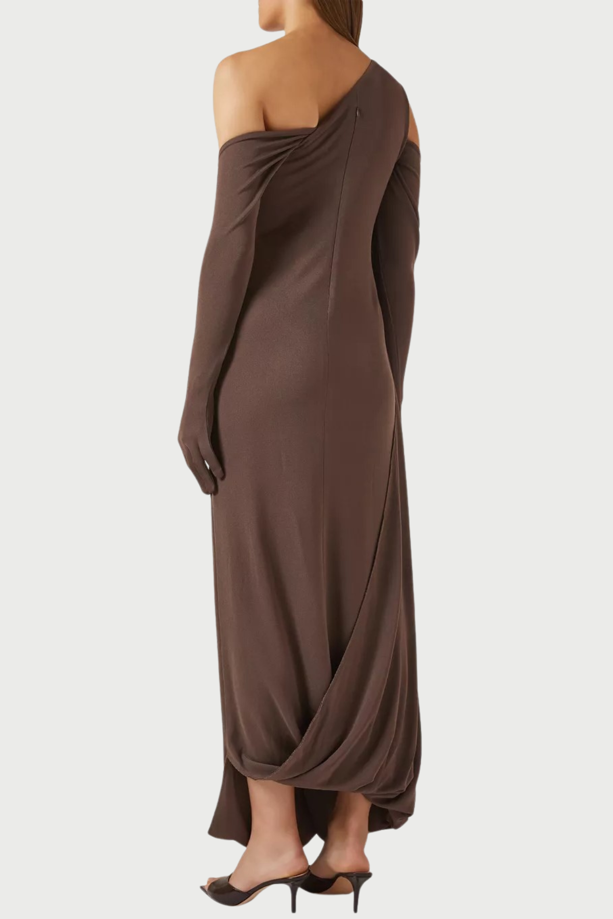 Tobala One Shoulder Asymmetrical Draped Maxi Dress - Brown