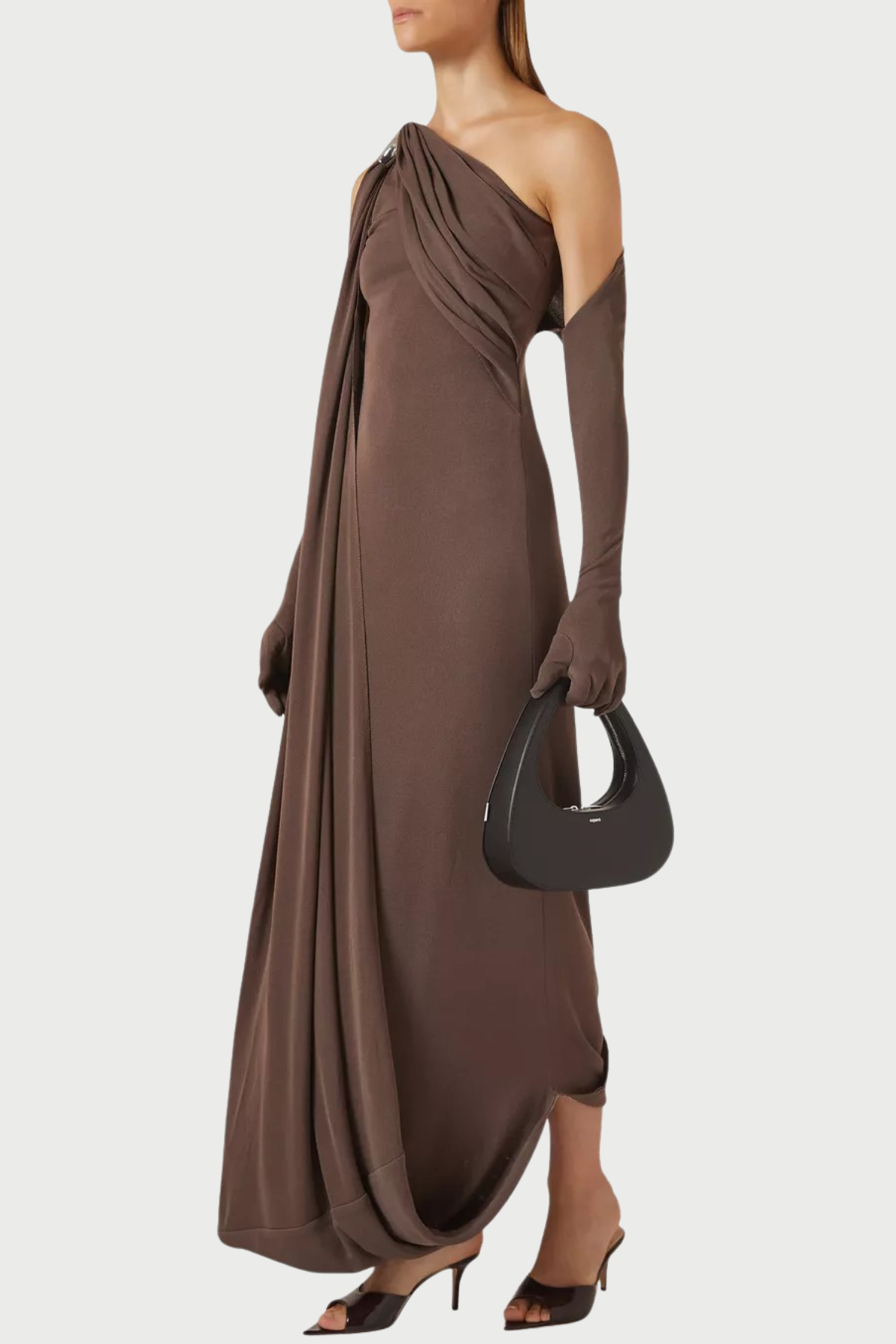 Tobala One Shoulder Asymmetrical Draped Maxi Dress - Brown