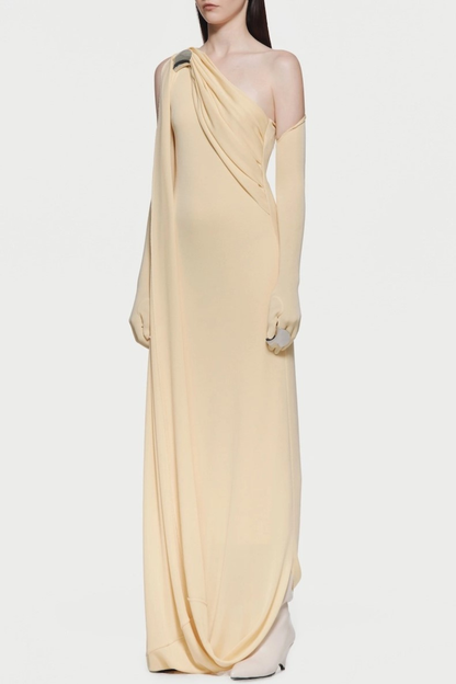 Tobala One Shoulder Asymmetrical Draped Maxi Dress - Yellow