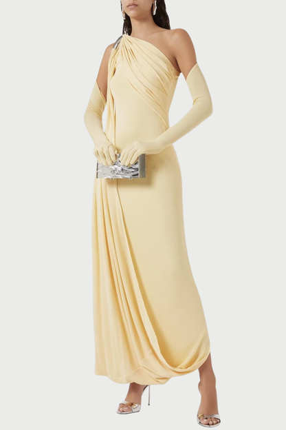 Tobala One Shoulder Asymmetrical Draped Maxi Dress - Yellow