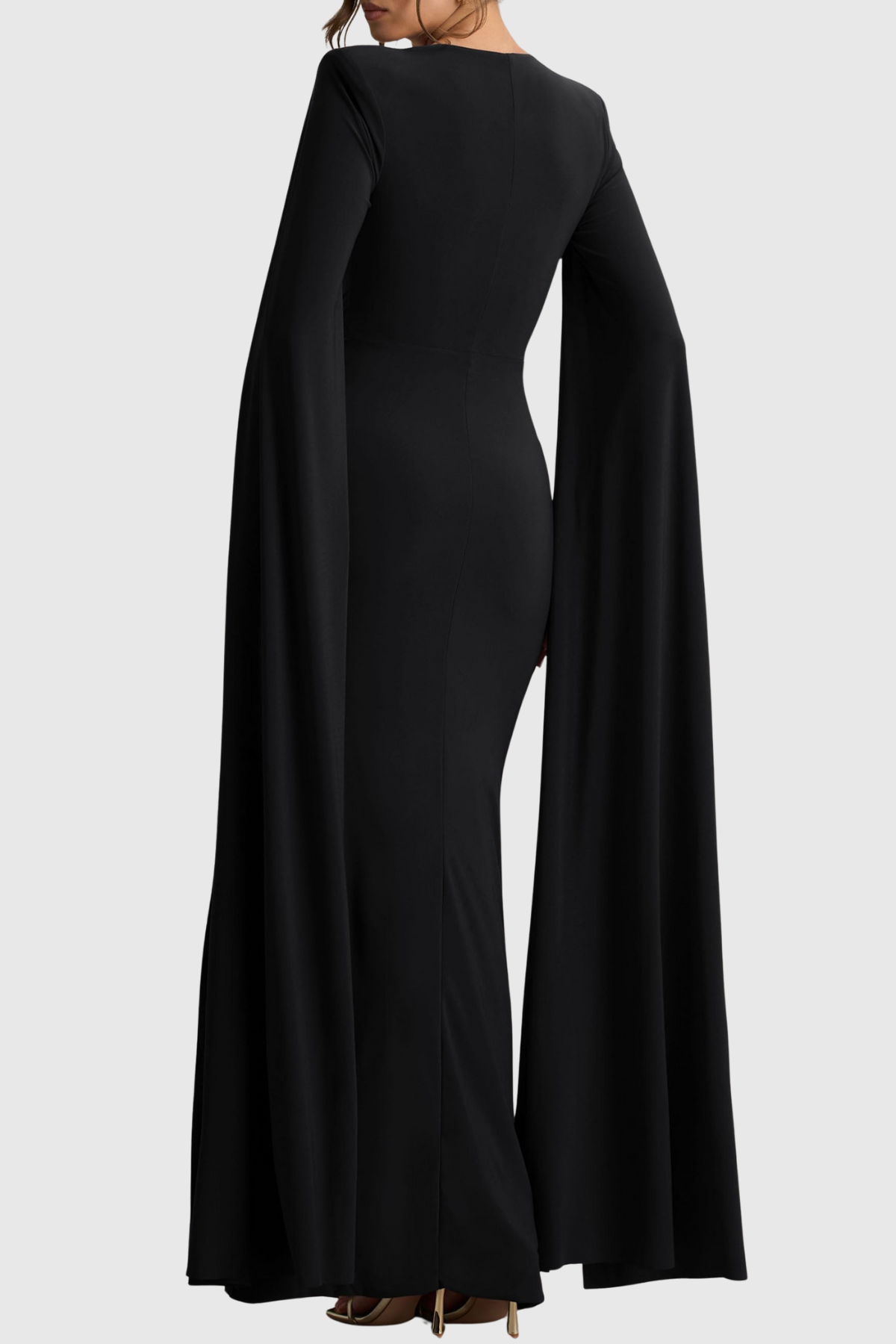 Vallea Cape Sleeves Split Maxi Dress - Black