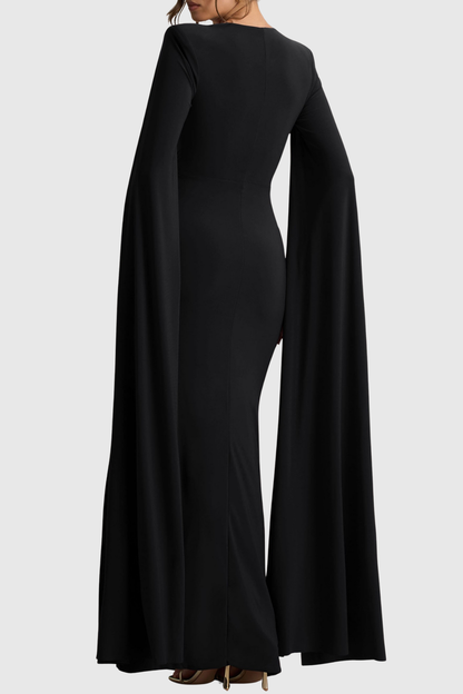 Vallea Cape Sleeves Split Maxi Dress - Black