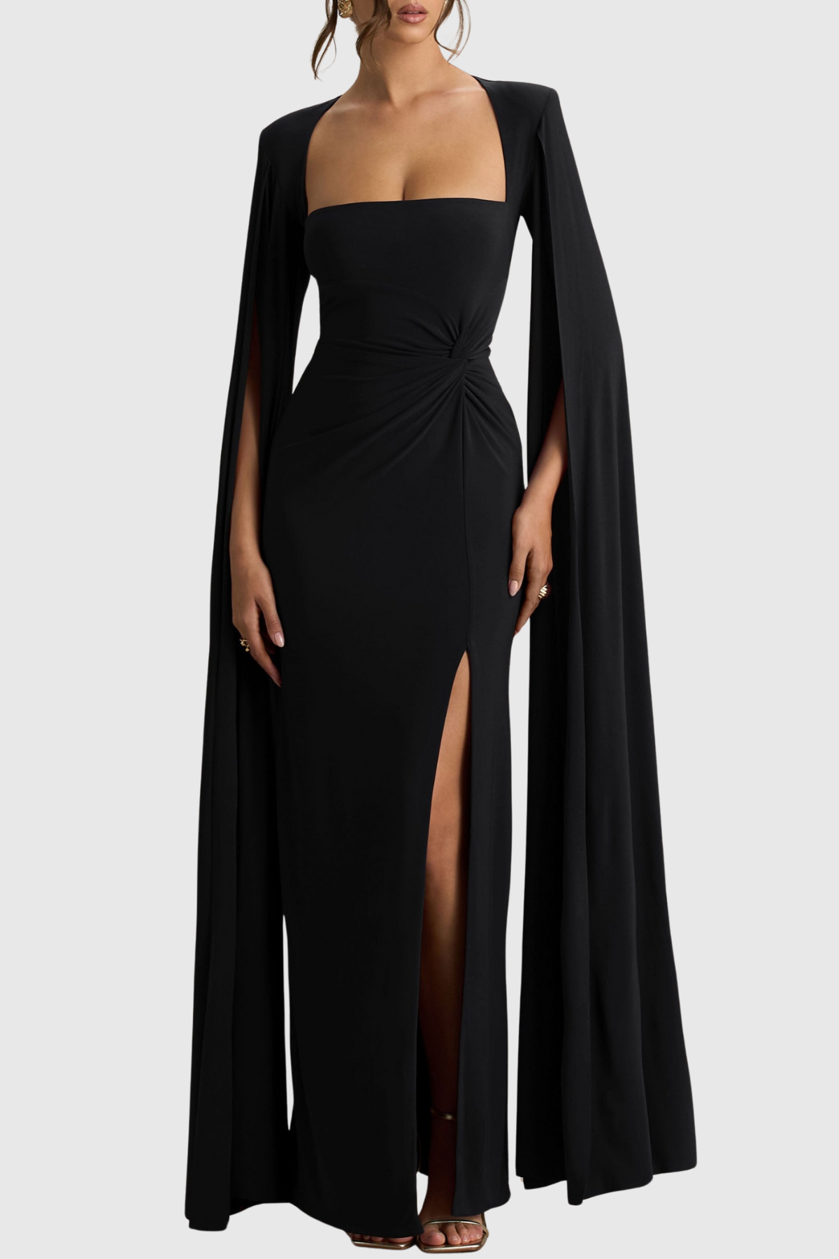 Vallea Cape Sleeves Split Maxi Dress - Black