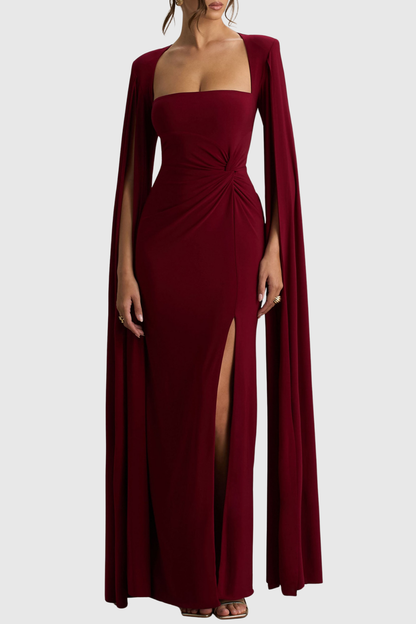 Vallea Cape Sleeves Split Maxi Dress - Wine