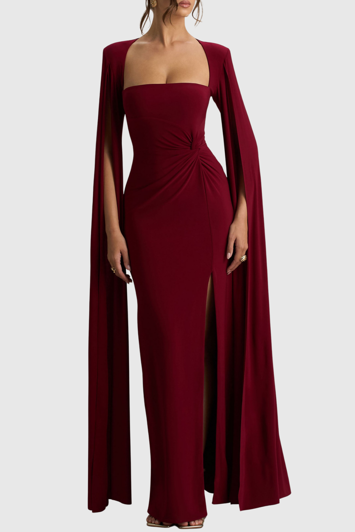 Vallea Cape Sleeves Split Maxi Dress - Wine