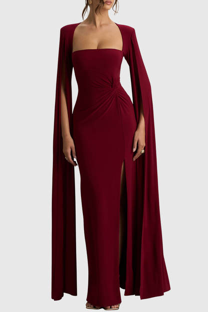 Vallea Cape Sleeves Split Maxi Dress - Wine