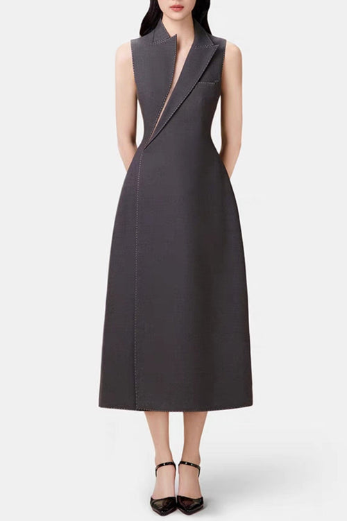 Vequa Asymmetric Collar Sleeveless Midi Dress - Grey