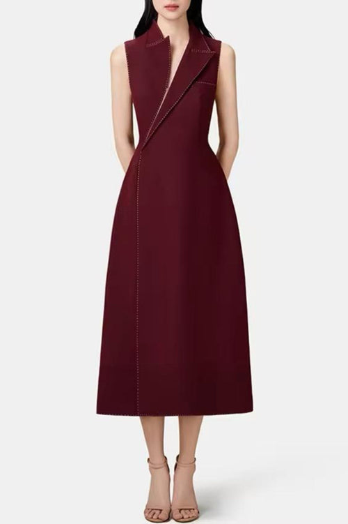 Vequa Asymmetric Collar Sleeveless Midi Dress - Wine
