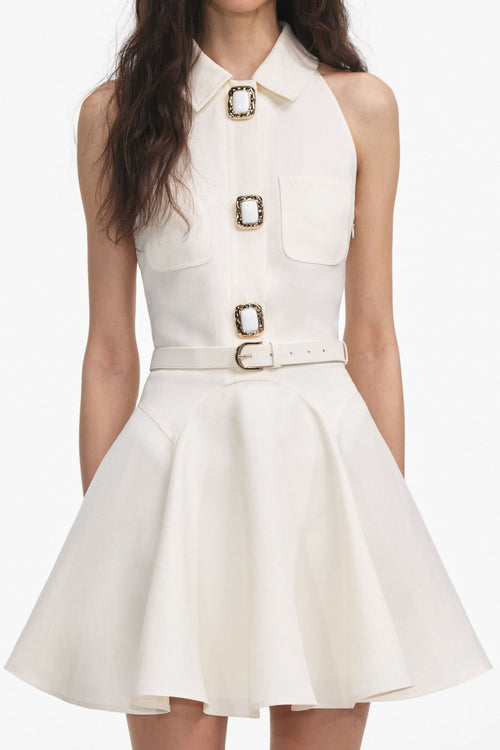 Yailin Linen Sleeveless Belted Flared Mini Dress