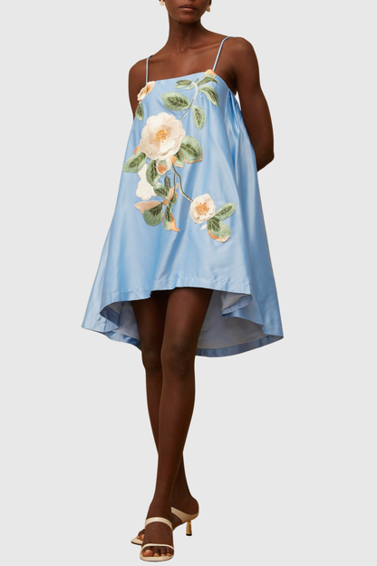 Zaniah Floral Embroidered Satin Mini Dress - Blue