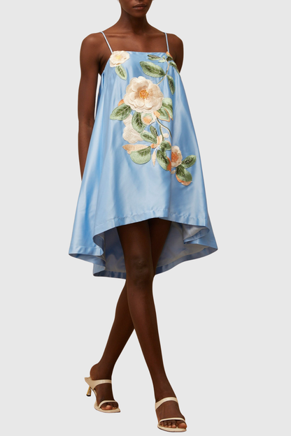 Zaniah Floral Embroidered Satin Mini Dress - Blue
