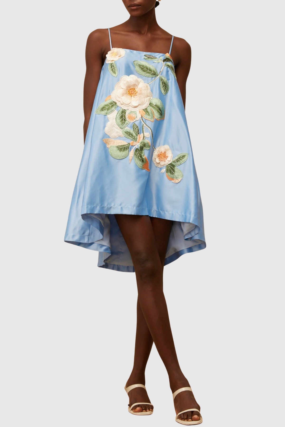 Zaniah Floral Embroidered Satin Mini Dress - Blue