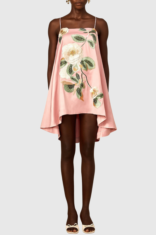 Zaniah Floral Embroidered Satin Mini Dress - Pink