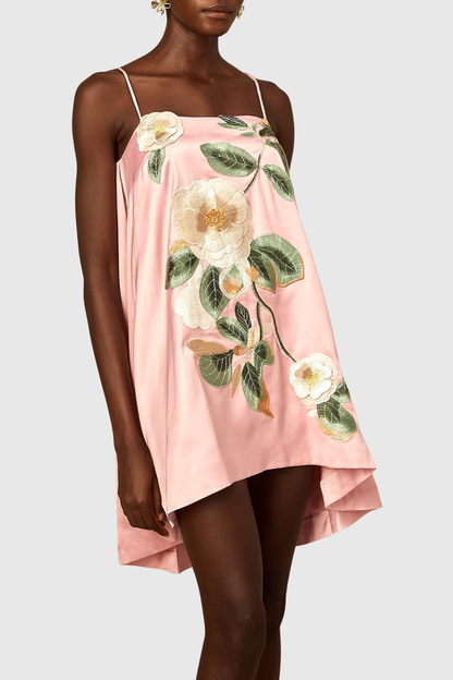 Zaniah Floral Embroidered Satin Mini Dress - Pink
