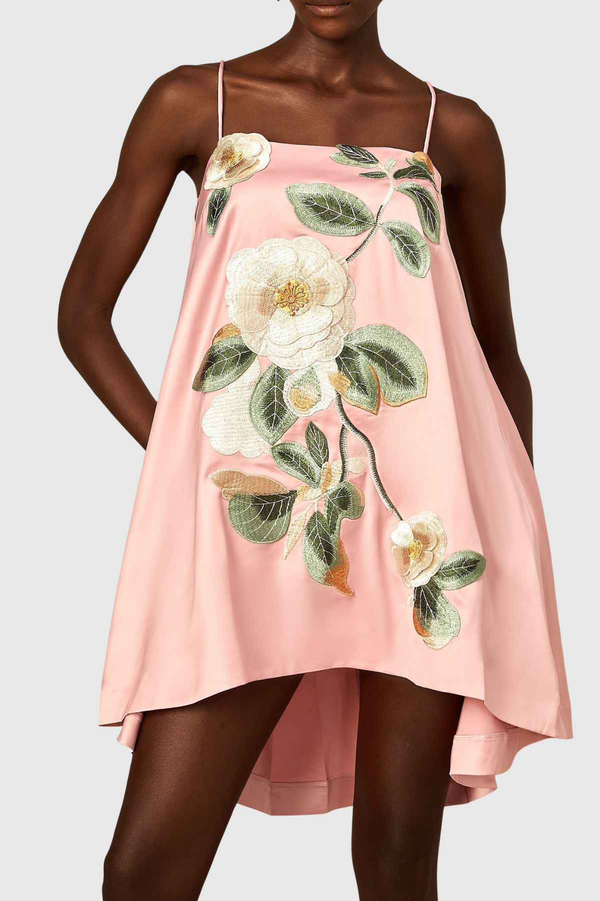 Zaniah Floral Embroidered Satin Mini Dress - Pink