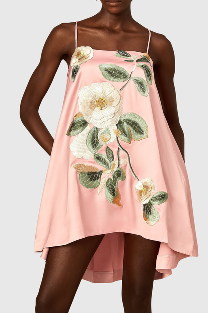 Zaniah Floral Embroidered Satin Mini Dress - Pink
