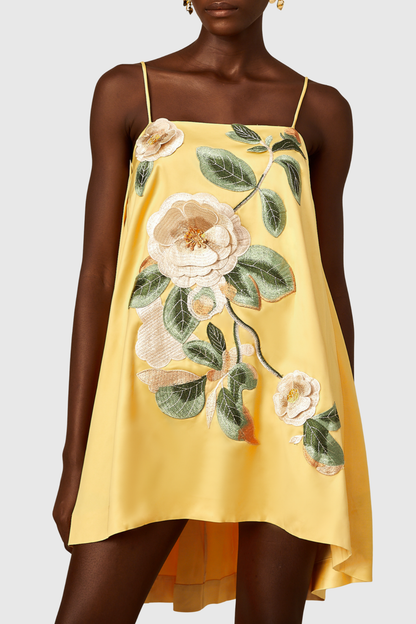 Zaniah Floral Embroidered Satin Mini Dress - Yellow