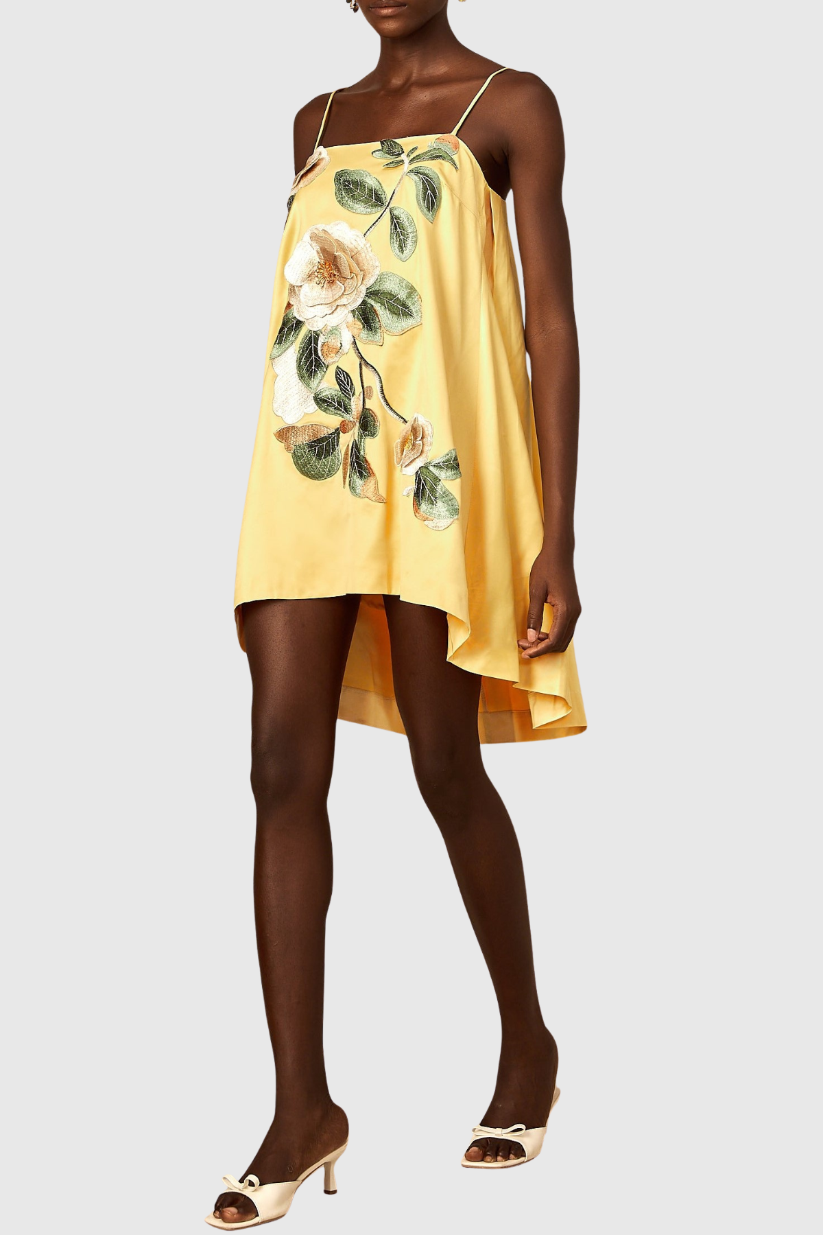 Zaniah Floral Embroidered Satin Mini Dress - Yellow