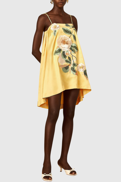 Zaniah Floral Embroidered Satin Mini Dress - Yellow