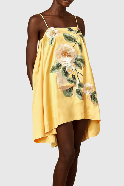 Zaniah Floral Embroidered Satin Mini Dress - Yellow