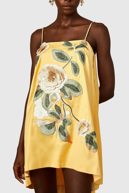 Zaniah Floral Embroidered Satin Mini Dress - Yellow