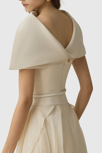 Zeke Asymmetrical Shawl Tulle Ruffle Midi Dress