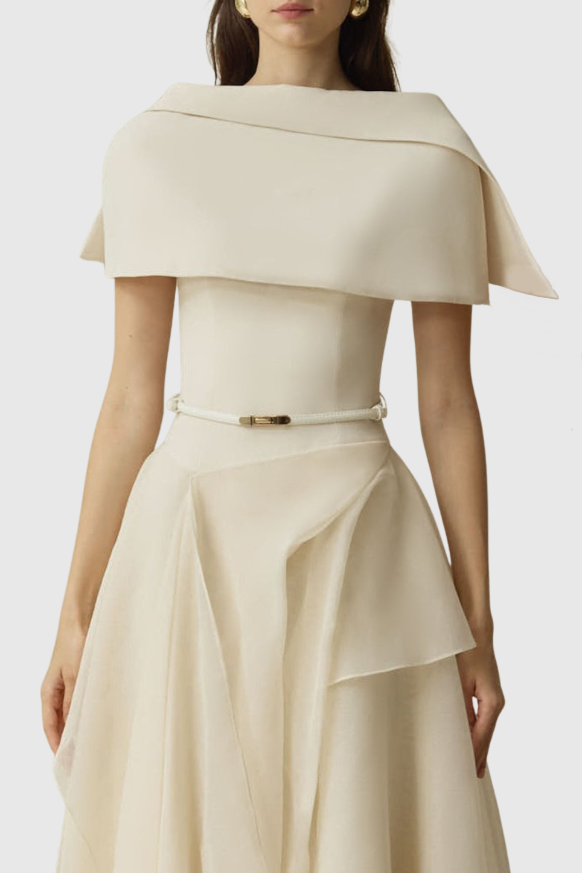 Zeke Asymmetrical Shawl Tulle Ruffle Midi Dress