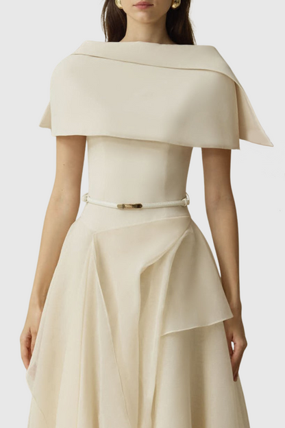 Zeke Asymmetrical Shawl Tulle Ruffle Midi Dress