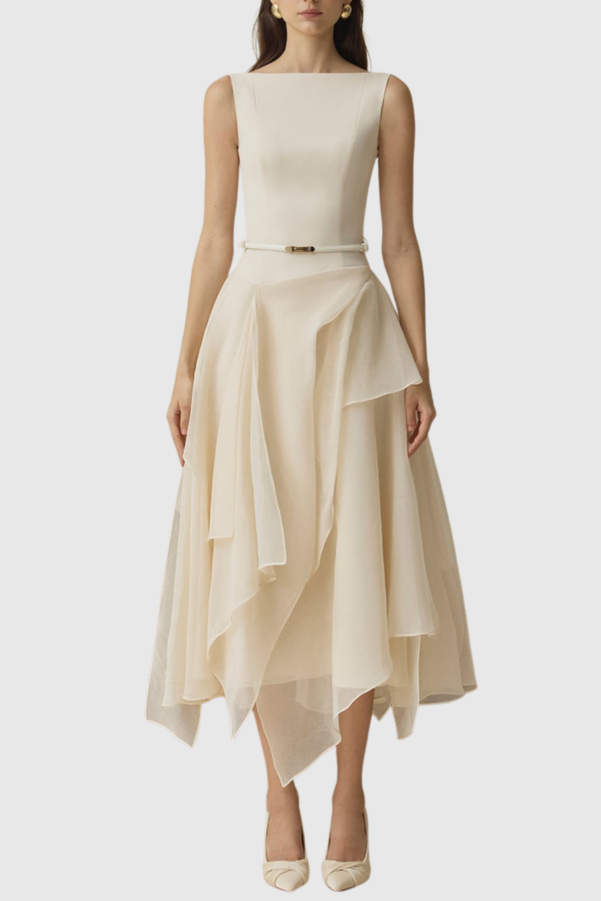 Zeke Asymmetrical Shawl Tulle Ruffle Midi Dress